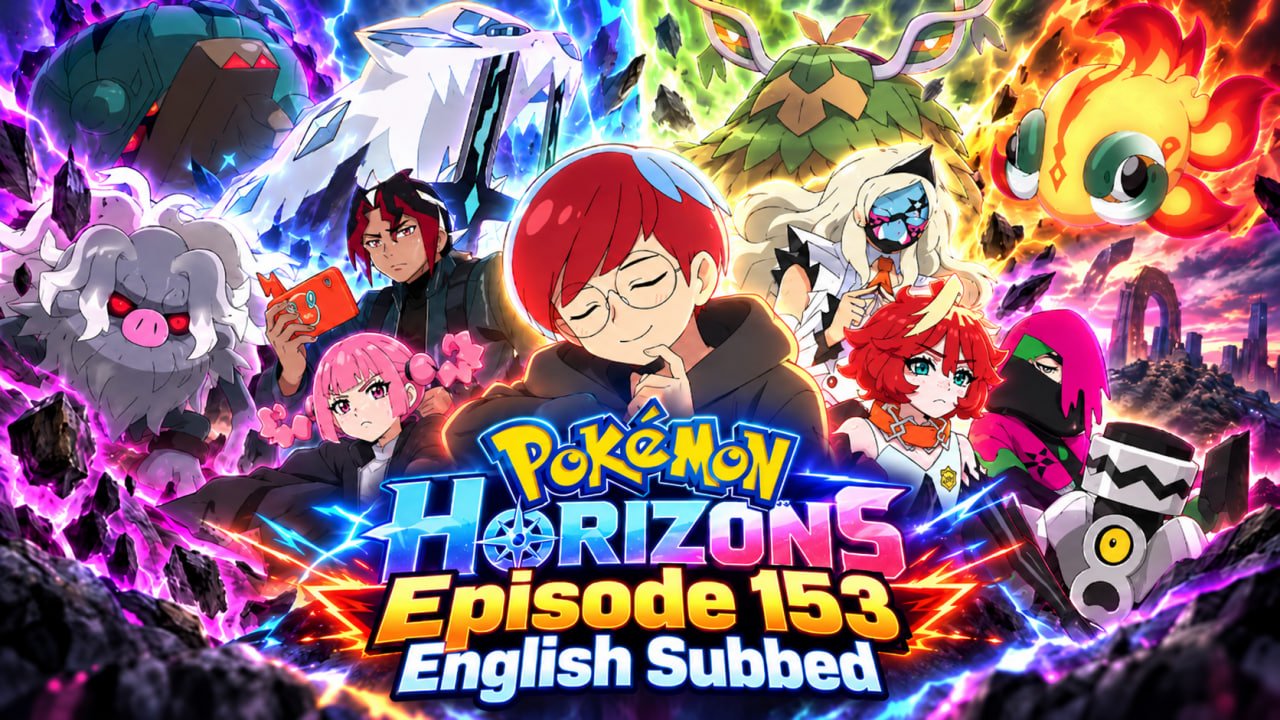 Pokemon Horizons Episode 153 English Subbed artwork featuring the four Ruinous Pokemon and Paldea characters