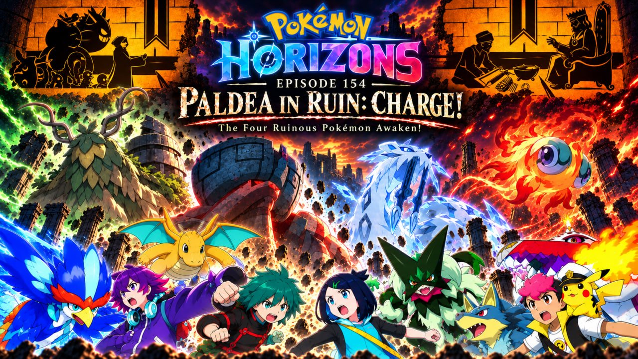 Pokémon Horizons Episode 154 English Subbed poster with Liko, Roy, Dot, Ult and the four Ruinous Pokémon of Paldea
